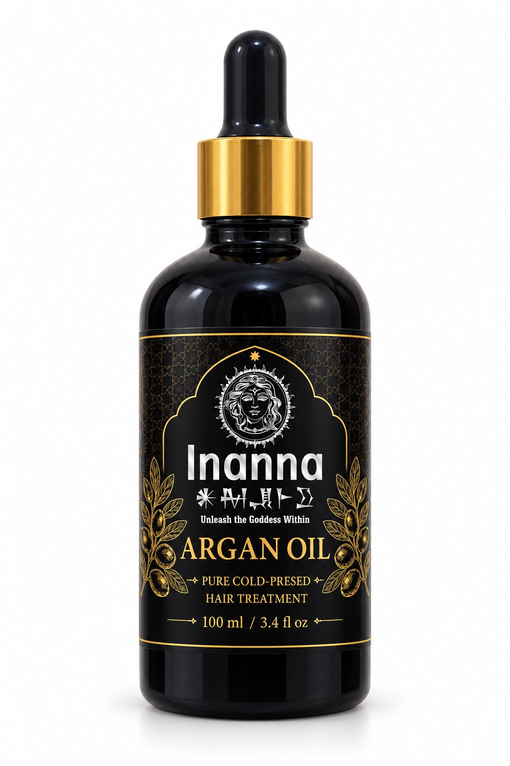 Inanna Beauty Moroccan Argan Oil hair treatment, 100 ml, black bottle with gold collar